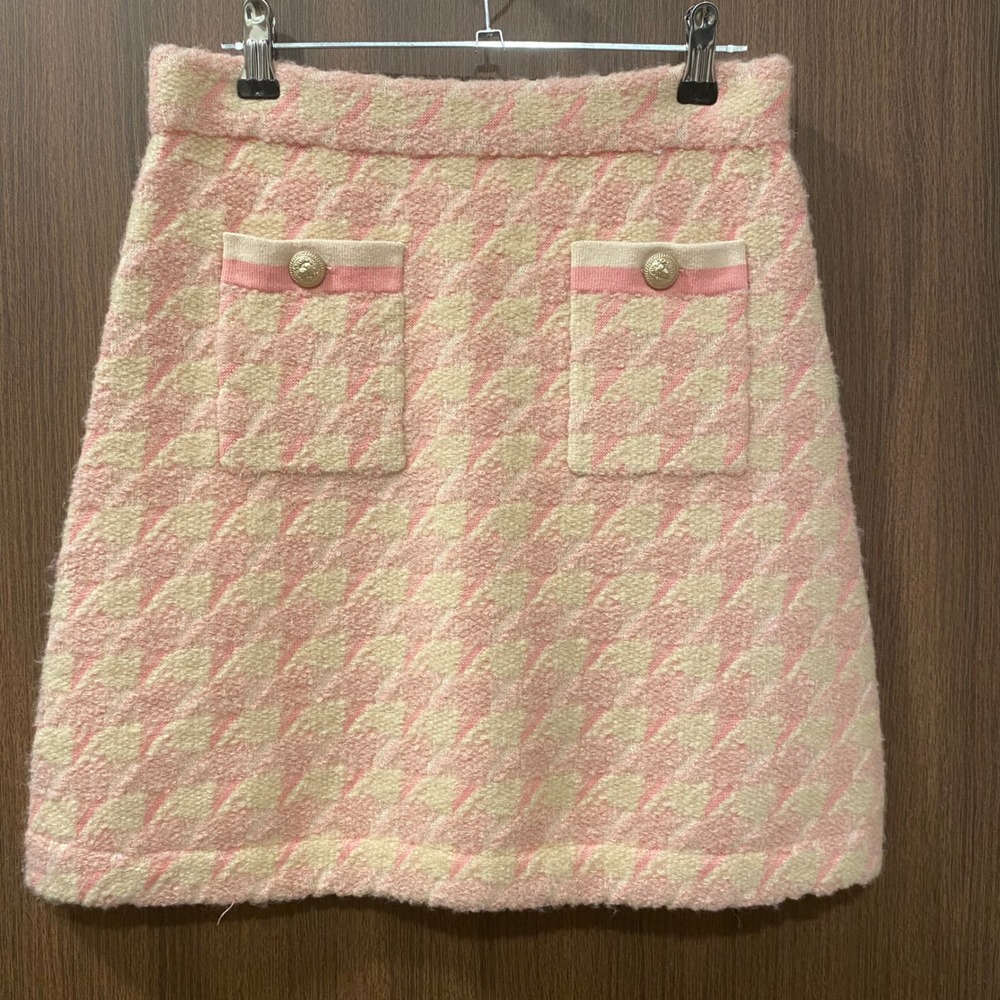 SANDRO Louisa Houndstooth Jacquard-Knit Mini Skirt 4(S) Pink Coquette Preppy NEW - Picture 4 of 15